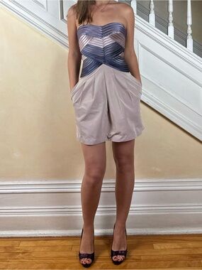 Strapless Two-Tone Pleated Romper in Lavender and Light Taupe